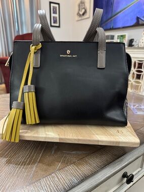 Spartina 449 Black Leather Satchel with Yellow Tassels and Gray Handles